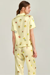 Lemon Yellow Picnic Printed Silk Pajama Set