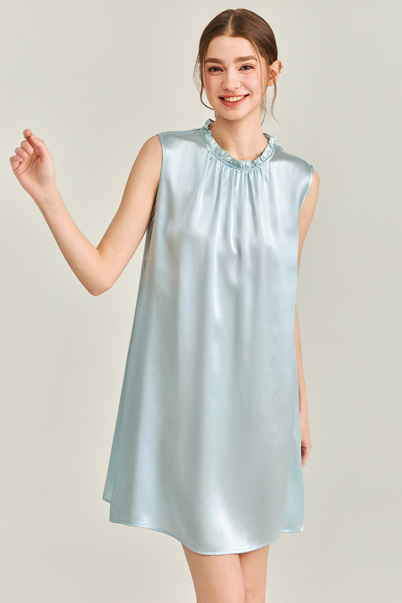 Blue Ruffle Neck Silk Sleeveless Dress
