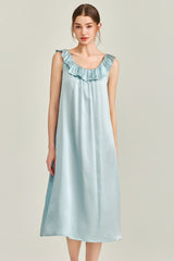 Blue Ruffle Backless Silk Slip Dress