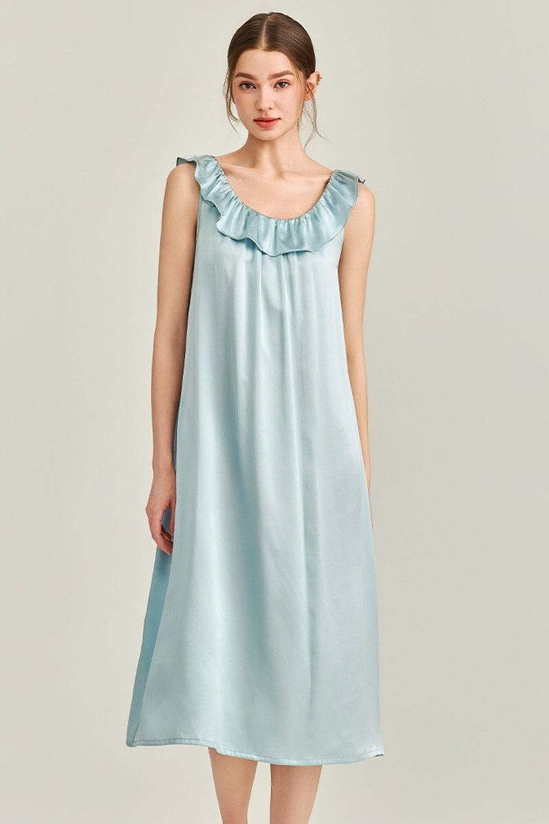Blue Ruffle Silk Slip Dress
