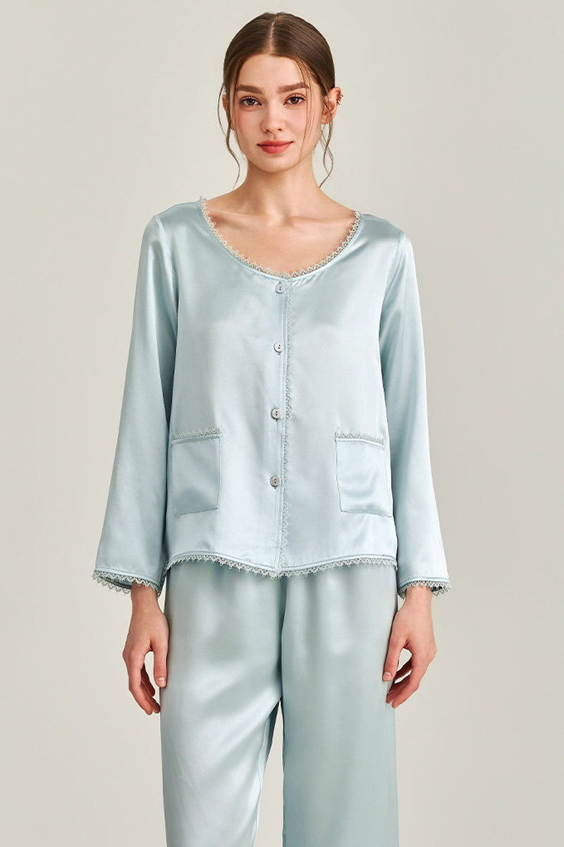 Blue Silk Lace Trim Button Pajama Set