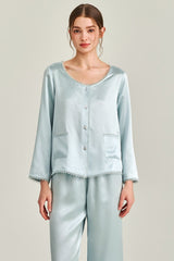 Blue Silk Lace Trim Button Pajama Set