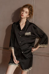 Black Lace-Trimmed 3/4 Sleeve Silk Set