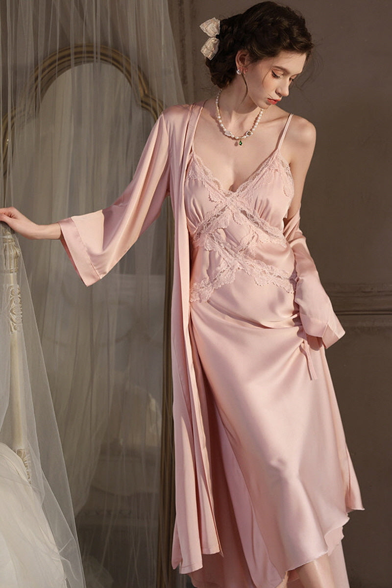 Pink Cross Lace Silk Slip & Robe Set