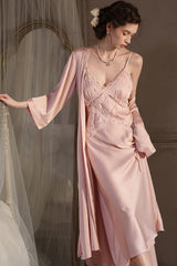 Pink Cross Lace Silk Slip & Robe Set