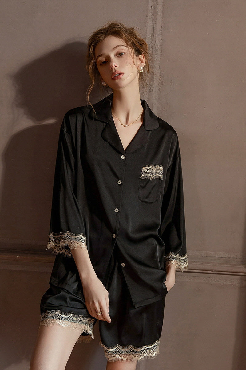 Black Lace-Trimmed 3/4 Sleeve Silk Set