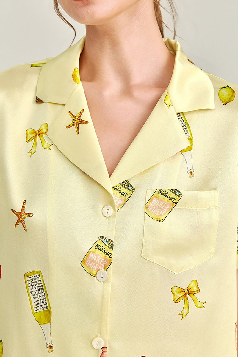 Lemon Yellow Picnic Printed Silk Pajama Set