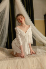 White Ribbon Cuff Silk Lace Sleep Shirt
