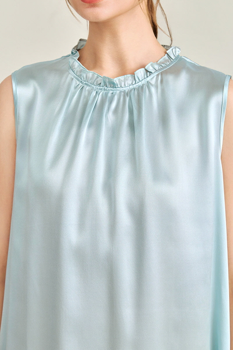 Blue Ruffle Neck Silk Sleeveless Dress