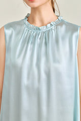 Blue Ruffle Neck Silk Sleeveless Dress