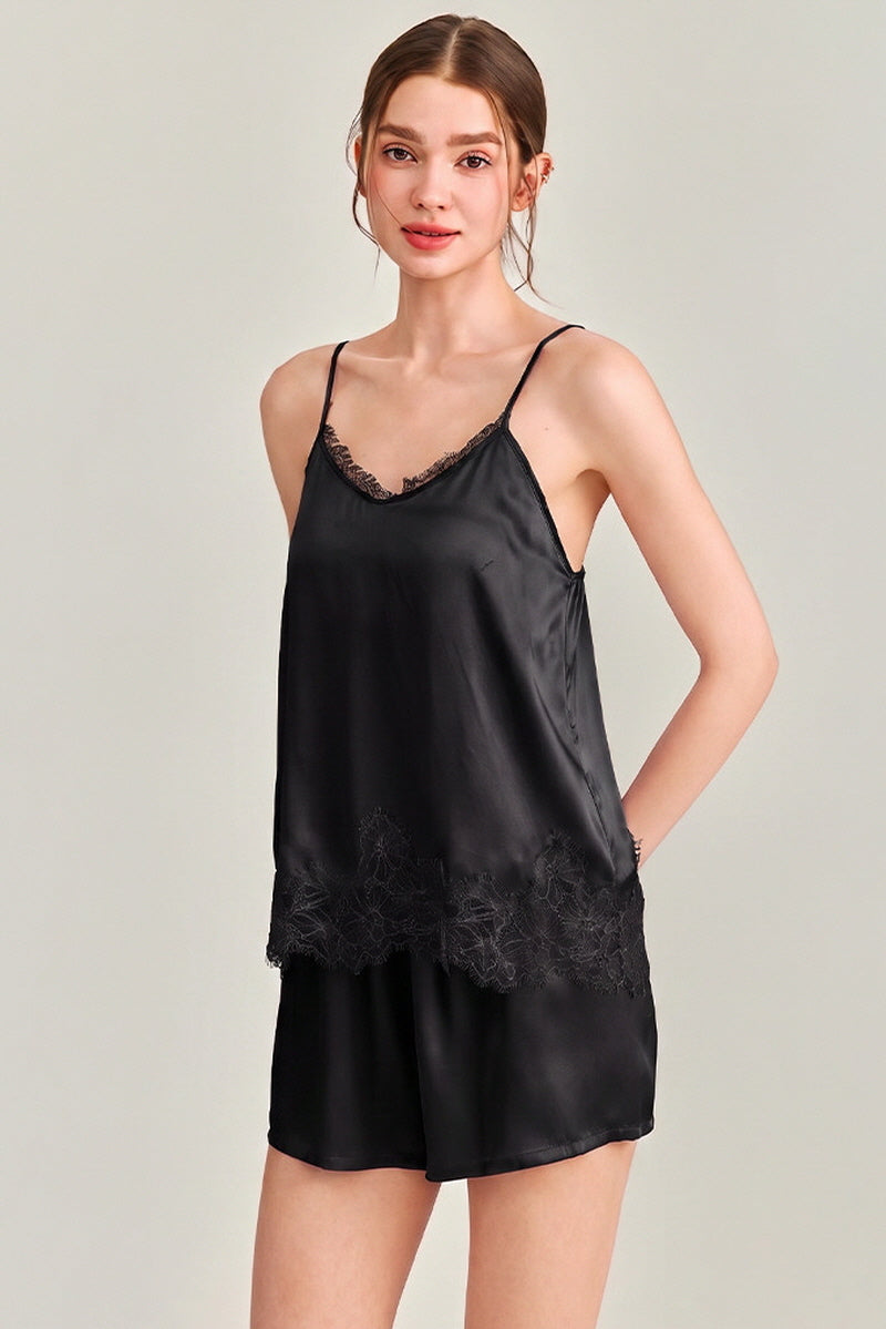 Black Silk Lace Trim Cami Pajama Set