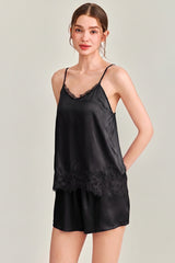 Black Silk Lace Trim Cami Pajama Set