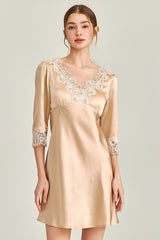 Gold Silk 3/4 Sleeve Lace Sleepwear