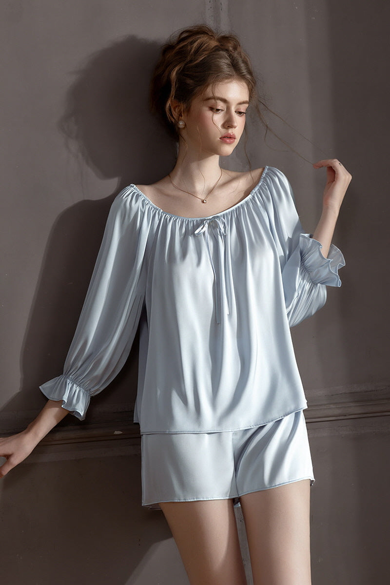 Blue Off Shoulder Satin Silk Pajama Shorts Set