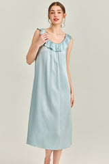 Blue Ruffle Backless Silk Slip Dress
