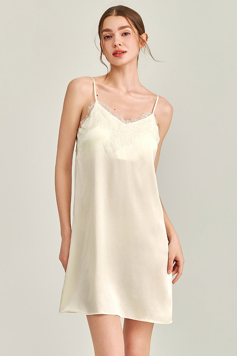 White V-Neck Lace Detail Silk Nightdress