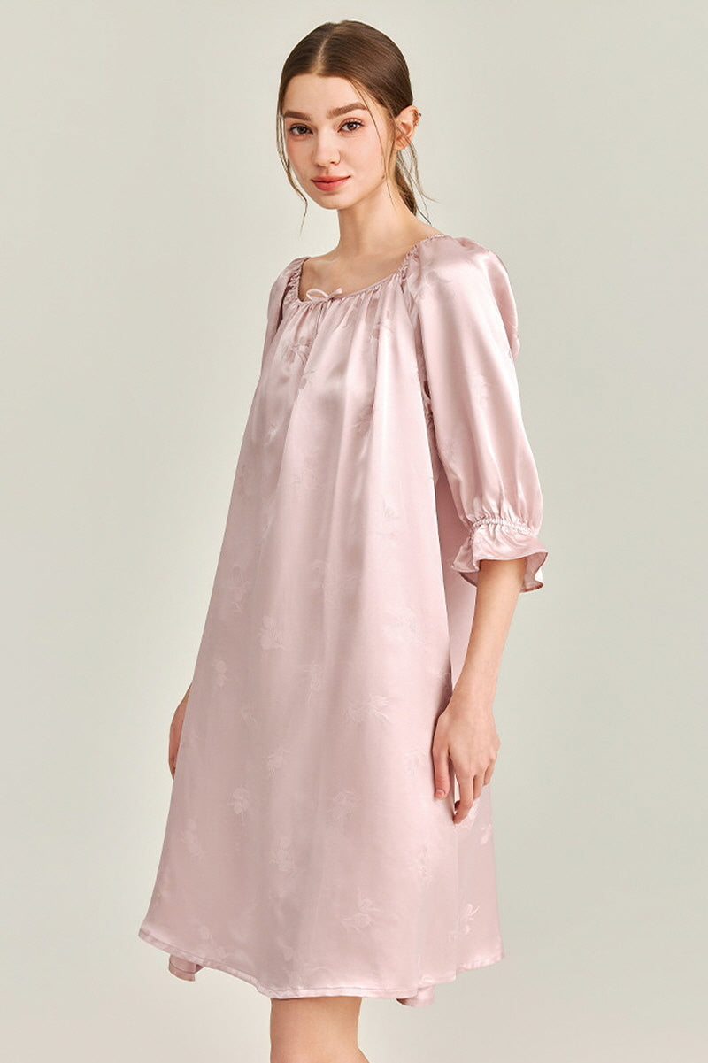 Pink Jacquard Silk Ruffle Nightgown