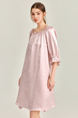 Pink Jacquard Silk Ruffle Nightgown