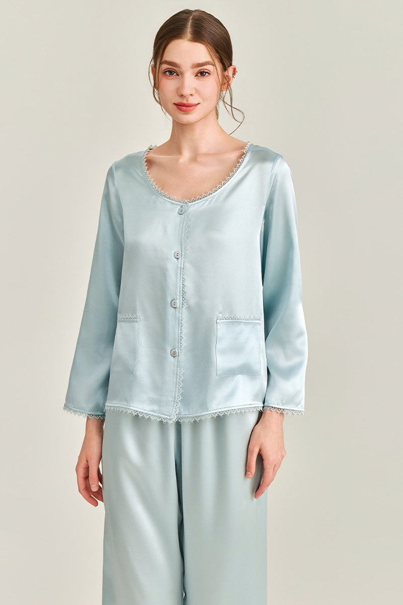 Blue Silk Lace Trim Button Pajama Set