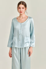 Blue Silk Lace Trim Button Pajama Set