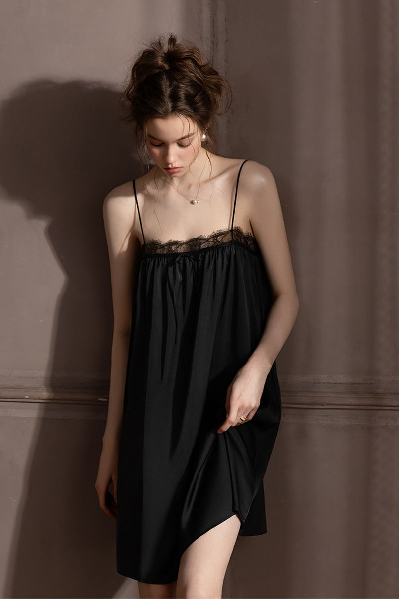 Black Petit Ribbon Shirring Silk Mini Slip