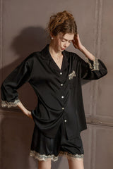 Black Lace-Trimmed 3/4 Sleeve Silk Set