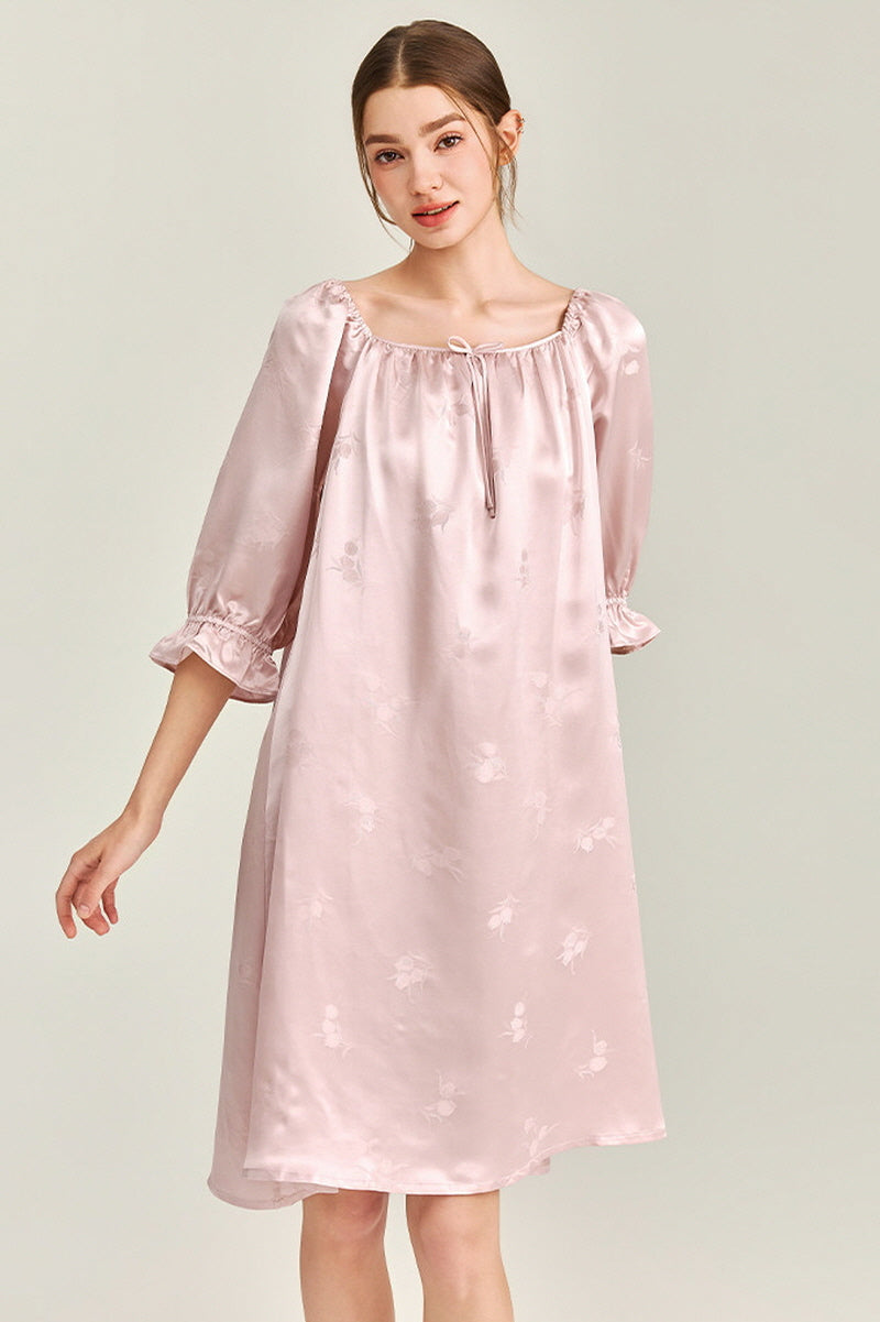 Pink Jacquard Silk Ruffle Nightgown
