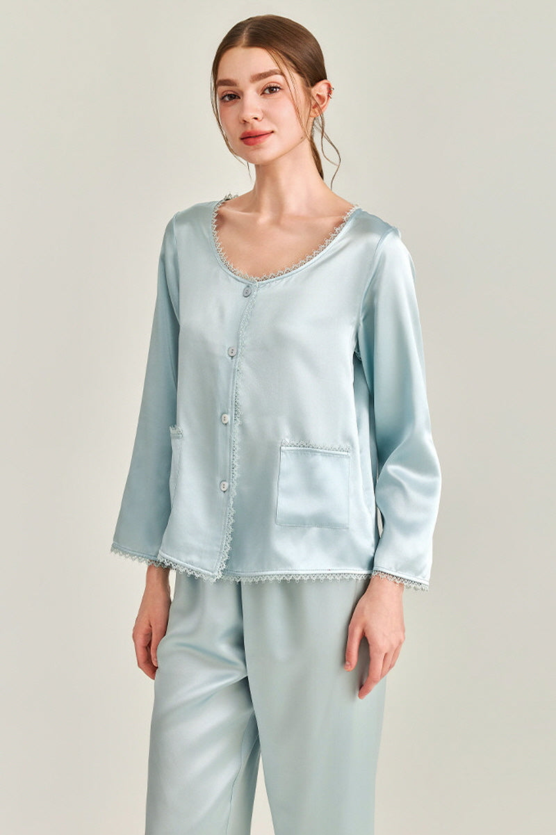 Blue Silk Lace Trim Button Pajama Set