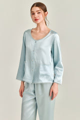 Blue Silk Lace Trim Button Pajama Set