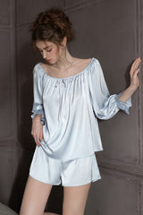 Blue Off Shoulder Satin Silk Pajama Shorts Set