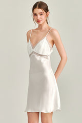 White Floral Lace-Trimmed Silk Slip & Robe Set