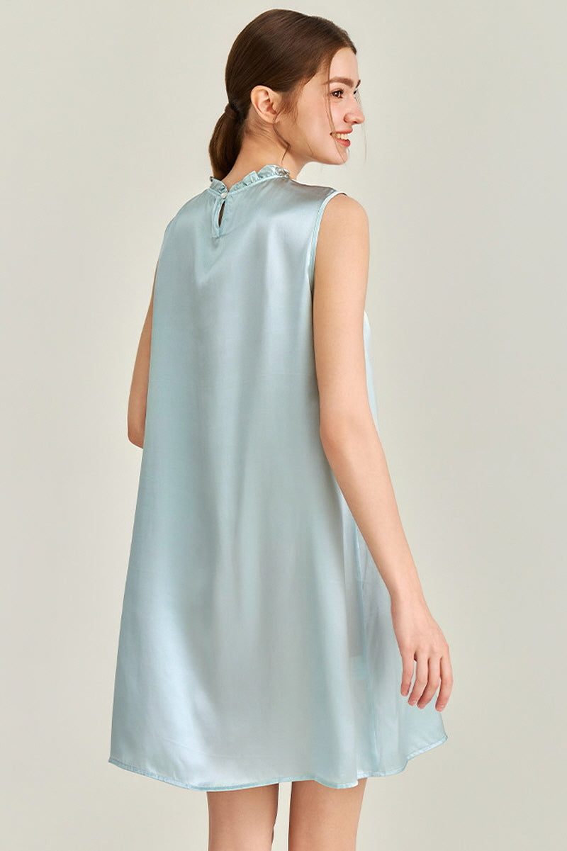 Blue Ruffle Neck Silk Sleeveless Dress
