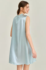 Blue Ruffle Neck Silk Sleeveless Dress