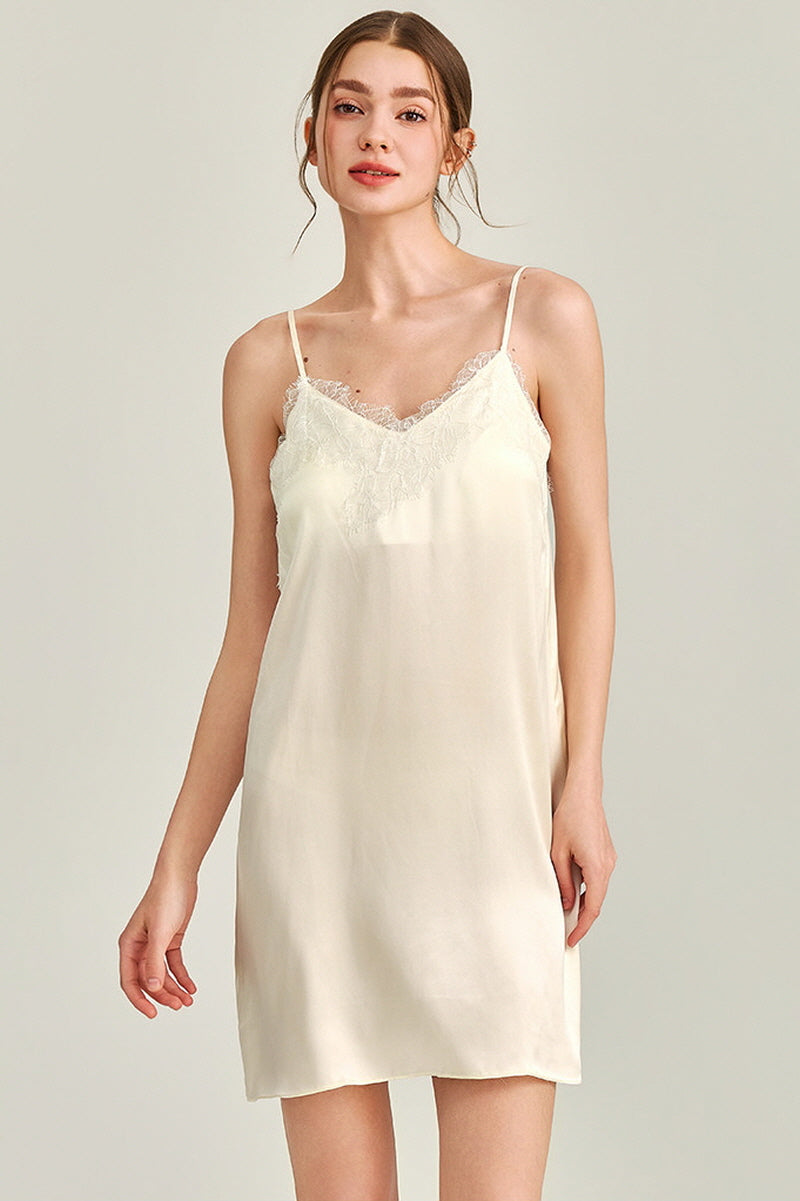 White V-Neck Lace Detail Silk Nightdress