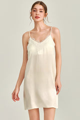 White V-Neck Lace Detail Silk Nightdress