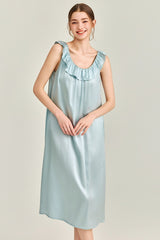 Blue Ruffle Backless Silk Slip Dress