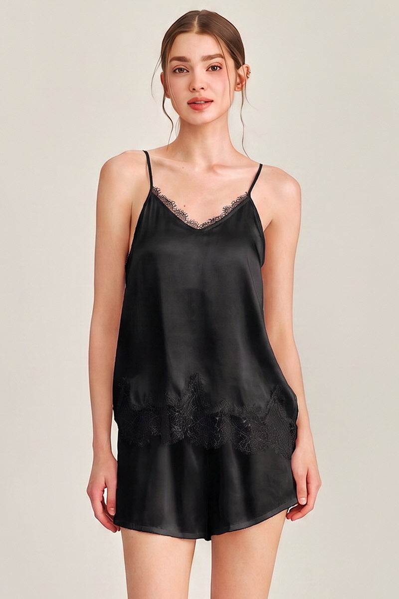 Black Silk Lace Trim Cami Pajama Set