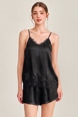 Black Silk Lace Trim Cami Pajama Set