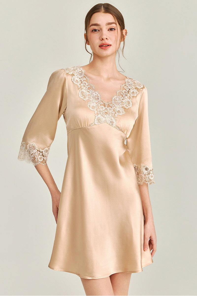Gold Silk 3/4 Sleeve Lace Sleepwear