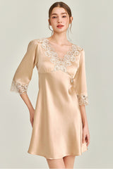 Gold Silk 3/4 Sleeve Lace Sleepwear