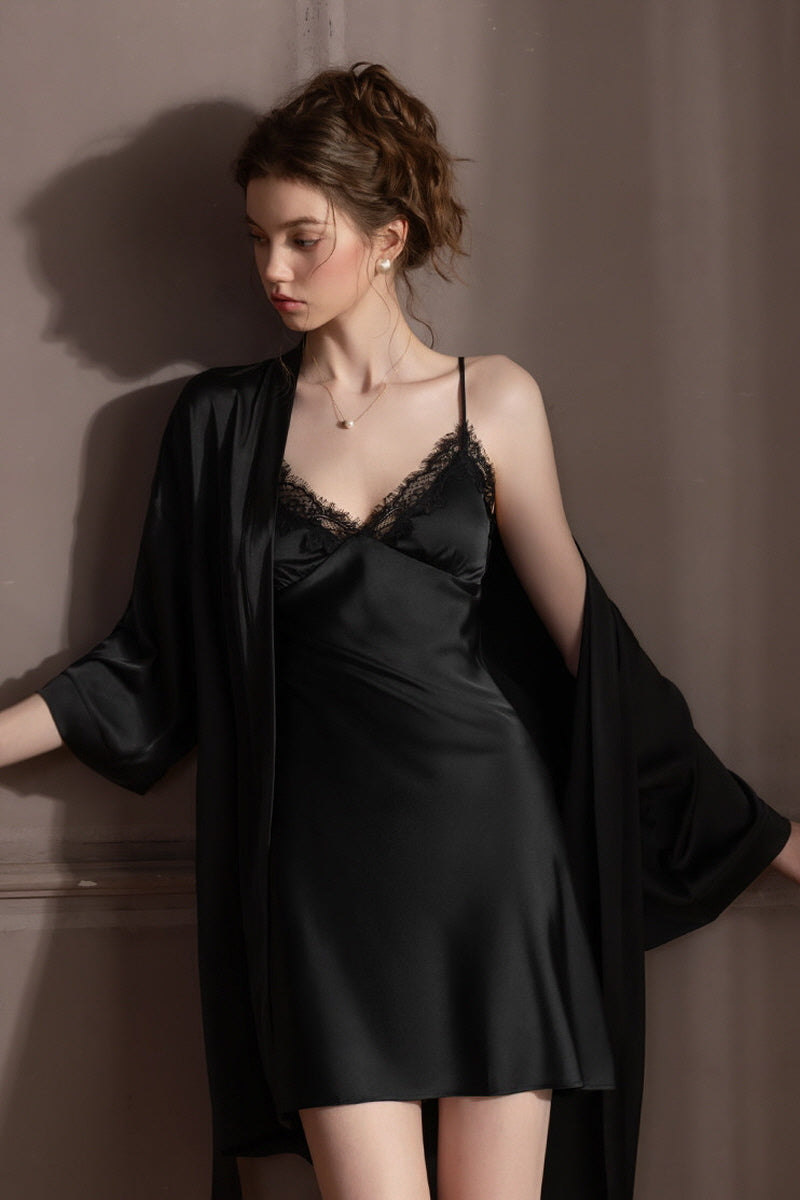 Black Midnight Muse Lace Slip & Robe Set