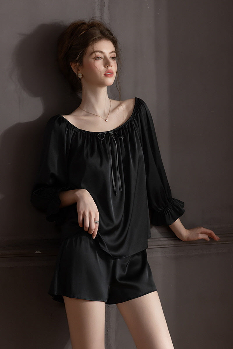 Black Off Shoulder Satin Silk Pajama Shorts Set