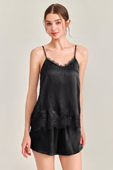 Black Silk Lace Trim Cami Pajama Set