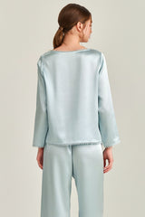 Blue Silk Lace Trim Button Pajama Set