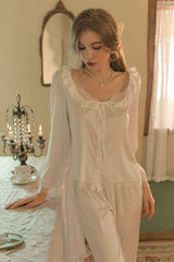 Soft Lace Ribbon Silk Pajama Set