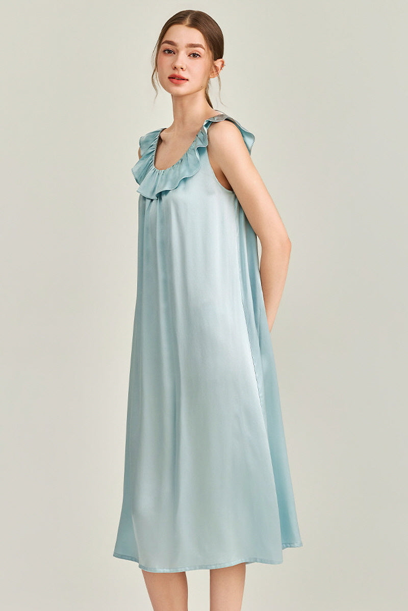 Blue Ruffle Backless Silk Slip Dress