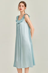 Blue Ruffle Backless Silk Slip Dress