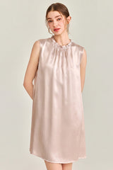 Champagne Ruffle Neck Silk Sleeveless Dress