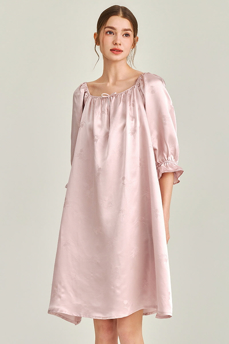 Pink Jacquard Silk Ruffle Nightgown