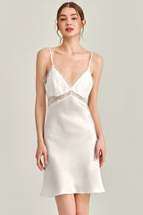 White Floral Lace-Trimmed Silk Slip & Robe Set